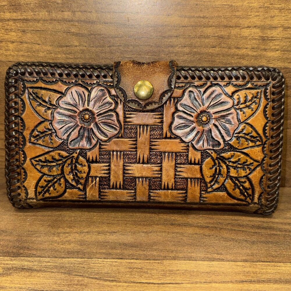 Vintage Hand Tooled Leather Wallet / Checkbook Holder